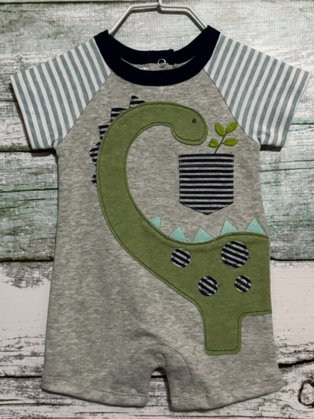 Mud Pie Gray Navy Green Dinosaur Raglan One-Piece Shortall 0-3 Months